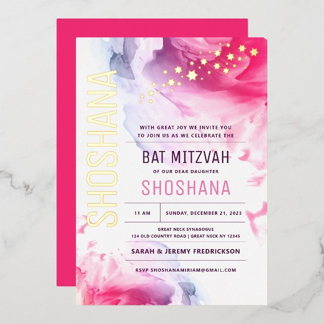 Relieve Metalizado Invitación a la acuarela de Bat Mitzvah con ORO RE (Anverso/Reverso)