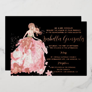 Relieve Metalizado Invitación a la Quinceañera con traje de Rosa de o