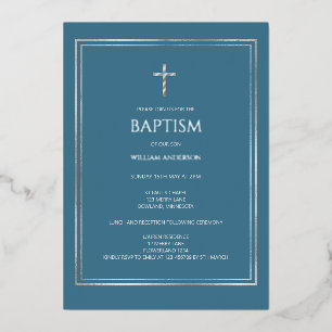 Relieve Metalizado Invitación con foil azul polvoriento Silver Cross 