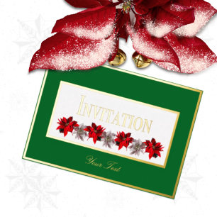 Relieve Metalizado Invitación con Foil de Poinsettias Verdes y Rojas