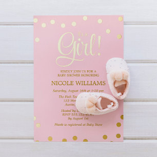 Relieve Metalizado Invitación de Baby Shower de Niña con Confeti Rosa