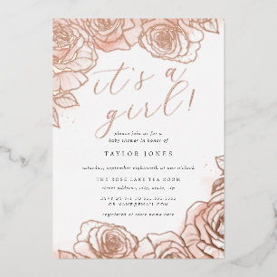 Relieve Metalizado Invitación de Baby Shower de Niña con Rosas Dorada