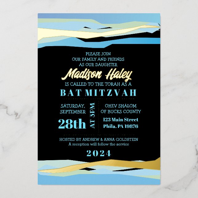 Relieve Metalizado Invitación de Bar o Bat Mitzvah con Hoja de Oro (Anverso)