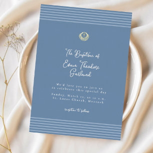 Relieve Metalizado Invitación de bautizo azul moderna minimalista con