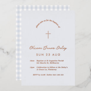 Relieve Metalizado Invitación de bautizo con estampado de gingham azu
