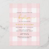 Invitación de bautizo con foil dorado y gingham ro
