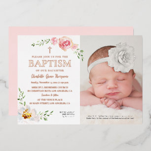 Relieve Metalizado Invitación de Bautizo con Foto de Niña con Flores