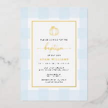 Invitación de bautizo con gingham azul y calabaza 