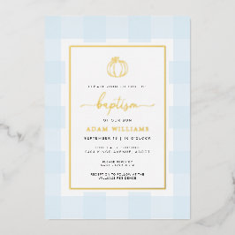 Relieve Metalizado Invitación de bautizo con gingham azul y calabaza