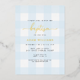 Relieve Metalizado Invitación de bautizo con gingham azul y foil dora