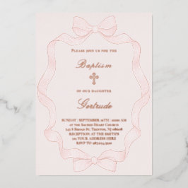 Relieve Metalizado invitación de bautizo con marco de cinta rosa