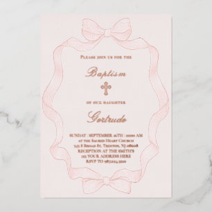 Relieve Metalizado invitación de bautizo con marco de cinta rosa