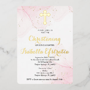 Relieve Metalizado Invitación de bautizo con mármol y pan de oro rosa