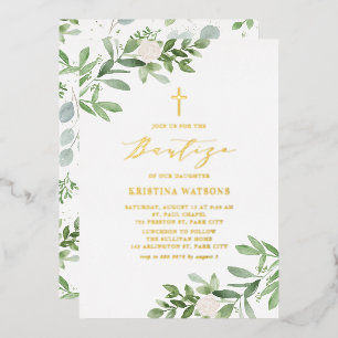Relieve Metalizado Invitación de Bautizo con Verde de Acuarela y Flor