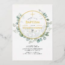 Invitación de bautizo geométrica de eucalipto con