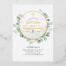 Relieve Metalizado Invitación de bautizo geométrica de eucalipto con