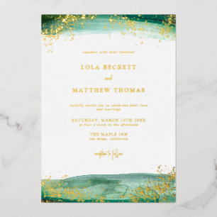 Relieve Metalizado Invitación de boda acuarela esmeralda moderna con