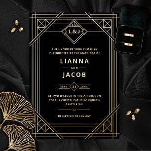 Relieve Metalizado Invitación de boda Art Déco con lámina de oro negr