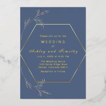 Invitación de boda azul polvoriento con hoja de or