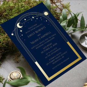 Relieve Metalizado Invitación de boda celestial con oro de la Marina,