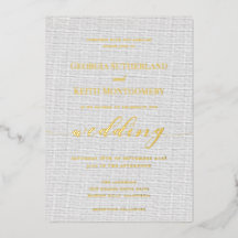 Invitación de boda clásica de lino gris con hoja d