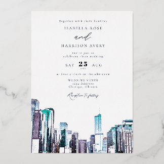 Relieve Metalizado Invitación de boda con acuarela del horizonte de C