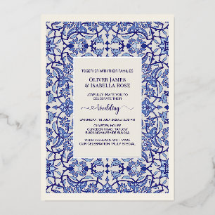 Relieve Metalizado Invitación de boda con arabesco floral azul - Hoja