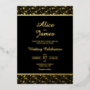 Relieve Metalizado Invitación de boda con borde de confeti negro y ho