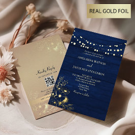 Relieve Metalizado Invitación de boda con código QR de oro Navy