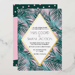 Relieve Metalizado Invitación de boda con deco de palma rosa y hoja d