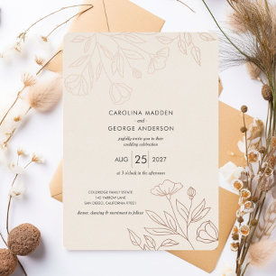 Relieve Metalizado Invitación de boda con delineados florales delicad