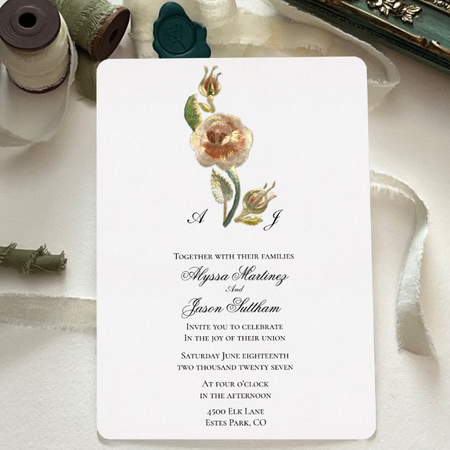 Relieve Metalizado Invitación de boda con estampado de flores y papel (Foil detailed vintage embroidery effect wedding invitation design)