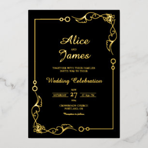 Relieve Metalizado Invitación de boda con foil de oro negro y borde e