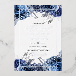 Relieve Metalizado Invitación de boda con foil floral de color navy y