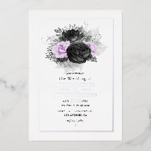 Invitación de boda con foil floral negro y lila