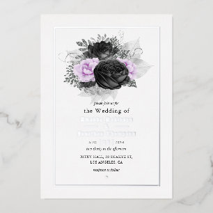 Relieve Metalizado Invitación de boda con foil floral negro y lila