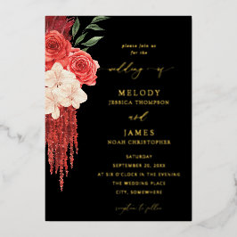 Relieve Metalizado Invitación de boda con foil floral rojo - negro