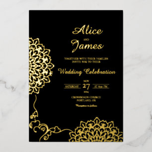 Relieve Metalizado Invitación de boda con foil negro y dorado Mandala