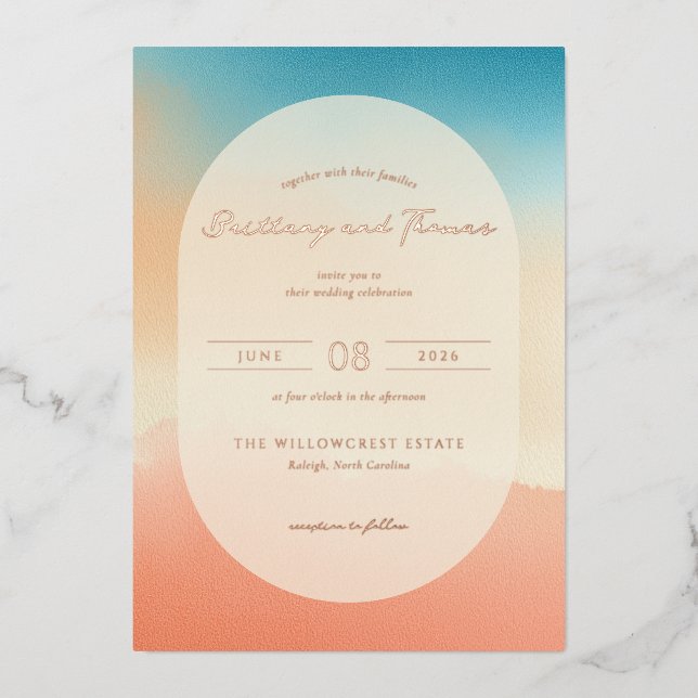 Relieve Metalizado Invitación de Boda con Gradiente Cálido (Anverso)