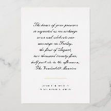 Invitación de boda con guión blanco, negro y dorad