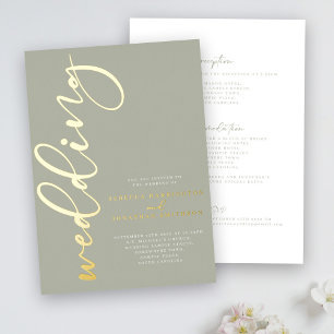 Relieve Metalizado Invitación de boda con hoja de oro en verde salvia