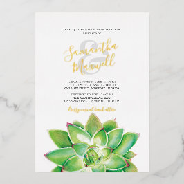Relieve Metalizado Invitación de Boda con Hojas Suculentas en Acuarel