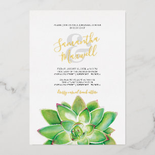 Relieve Metalizado Invitación de Boda con Hojas Suculentas en Acuarel