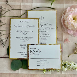 Relieve Metalizado Invitación de boda con lámina de borde Deckle