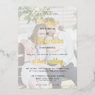 Relieve Metalizado Invitación de boda con lámina de oro con escritura