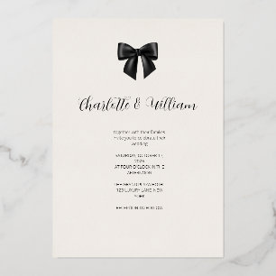Relieve Metalizado Invitación de boda con lazo negro elegante y hoja