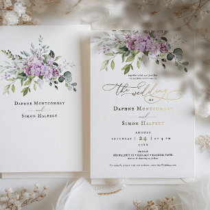 Relieve Metalizado Invitación de boda con lilas y follaje, acentos de