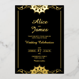 Relieve Metalizado Invitación de boda con mandala floral de oro y neg