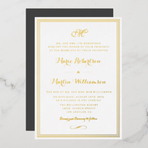 Relieve Metalizado Invitación de boda con marco de oro y letra elegan