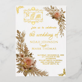 Relieve Metalizado Invitación de Boda con Monograma de Caligrafía Rom
